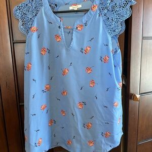 Maurices Blue Top with Floral and Lace Details